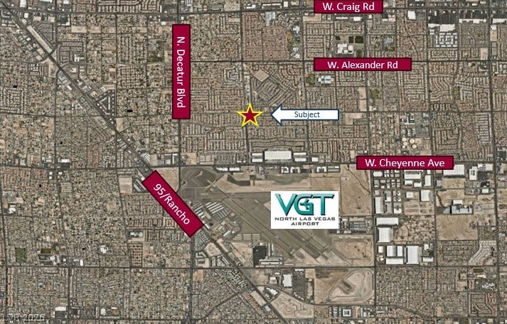 Gowan Road, North Las Vegas, NV 89032 An aerial map highlights the property location relative to local landmarks and major roadways.