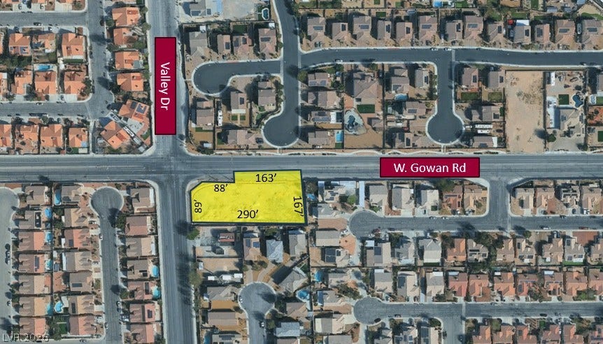 Gowan Road, North Las Vegas, NV 89032 An aerial plat map outlines the parcel boundaries of this residential neighborhood lot.