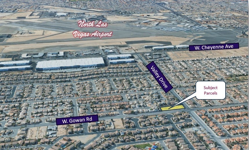 Gowan Road, North Las Vegas, NV 89032 Aerial overview highlights the subject parcels positioned near major roadways and regional transit centers.