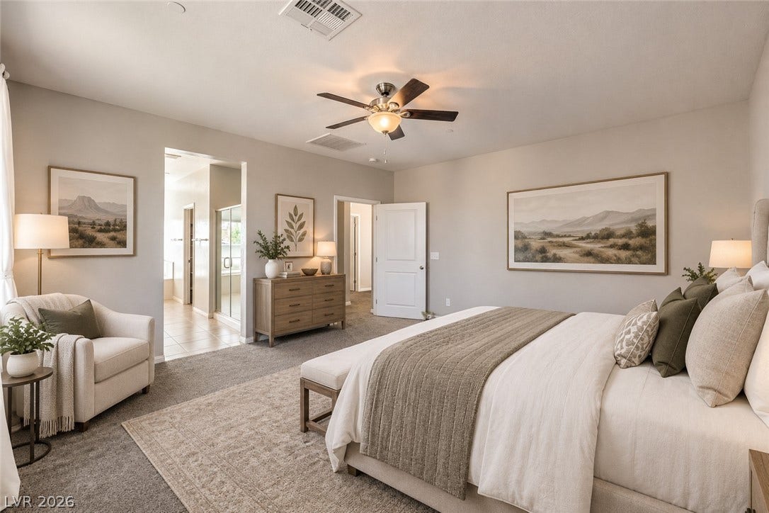 413 Via Gigante, Henderson, NV 89011 Virtually Staged: comfortable primary suite opening directly to the primary bathroom.