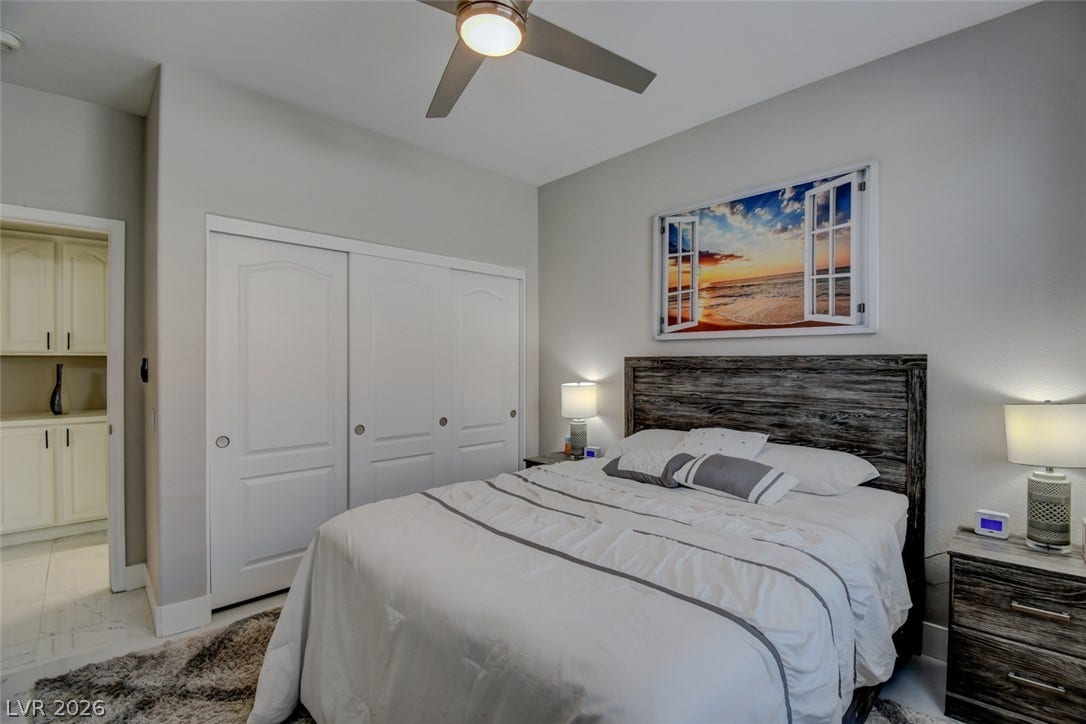 Plentiful closet space and durable tile flooring highlight this comfortable and private retreat.