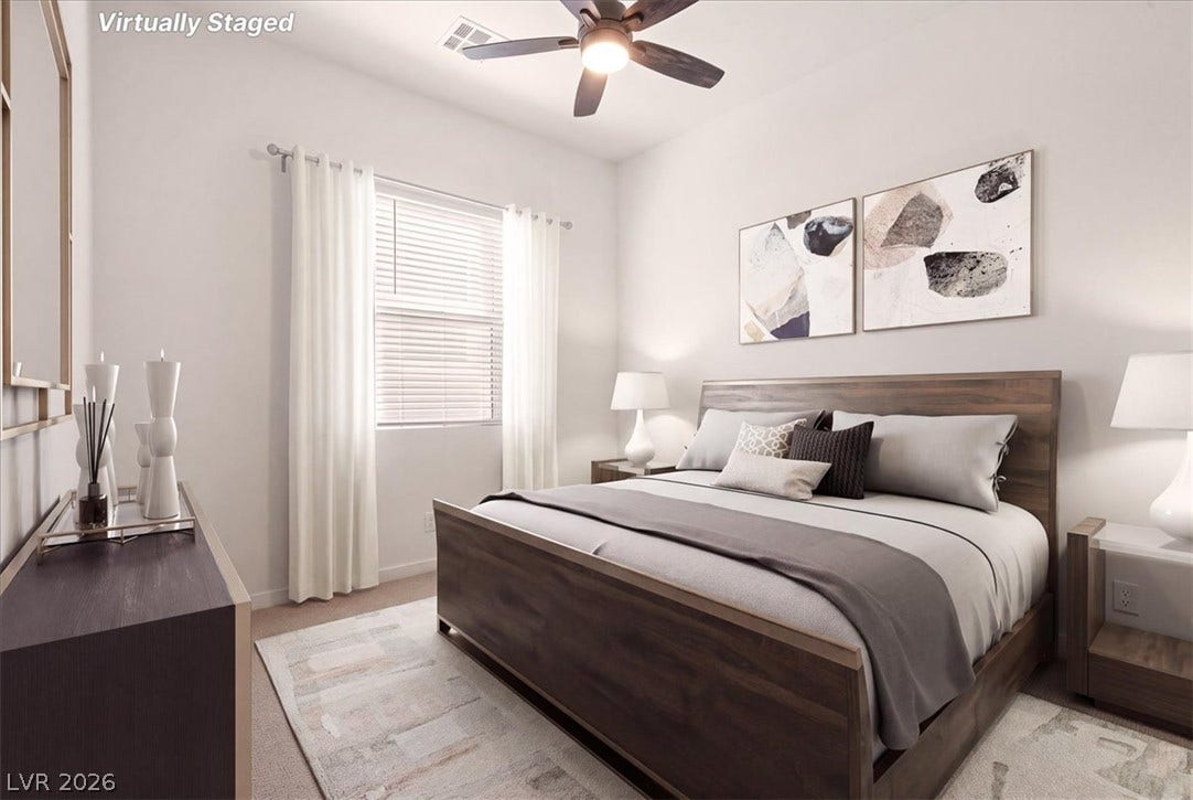 **Virtually Staged** An elegant bedroom showcases soft carpeted flooring and a large window inviting natural light.