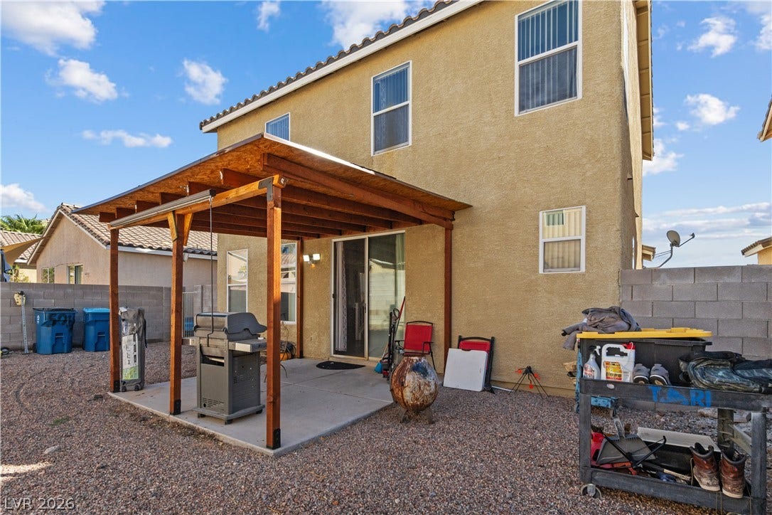 5015 Droubay Drive, Las Vegas, NV 89122 An inviting covered patio opens to a gravel yard surrounded by privacy block fencing.