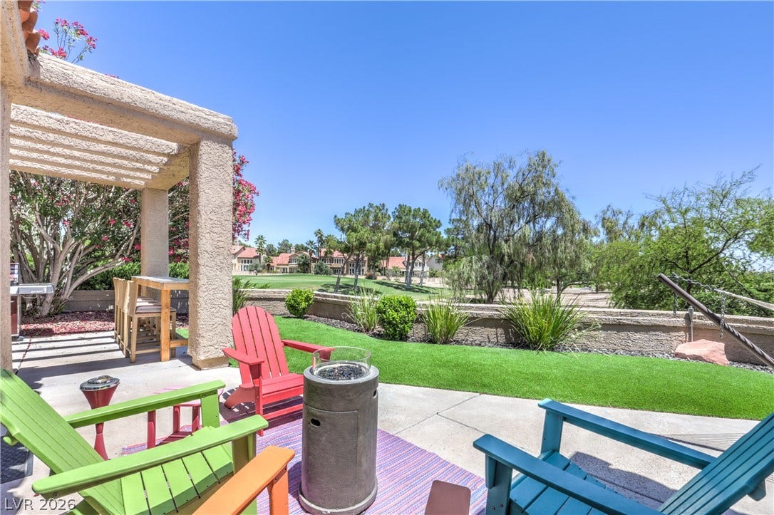 8211 Round Hills Circle, Las Vegas, NV 89113 This patio offers a welcoming outdoor living space with a golf course backdrop.