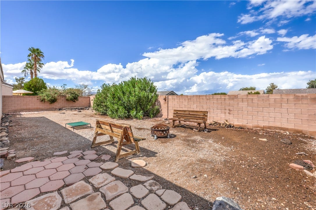 A spacious backyard is enclosed by a privacy block wall.