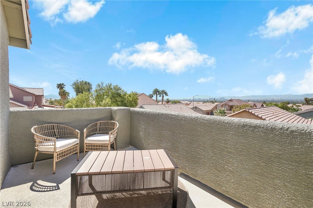 1287 Lime Point Street, Las Vegas, NV 89110 An elevated perspective captures sweeping neighborhood views from the stucco-finished balcony.