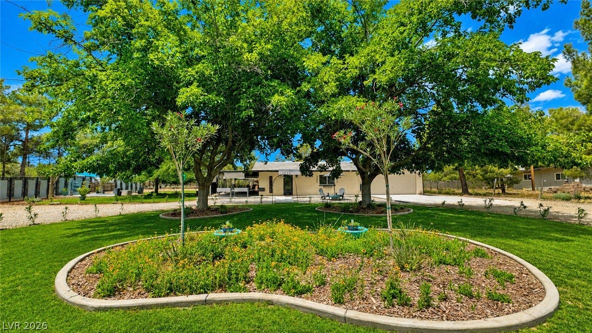 6130 Hawkins Way, Pahrump, NV 89061 Mature shade trees and a structured garden bed highlight this expansive front lawn.
