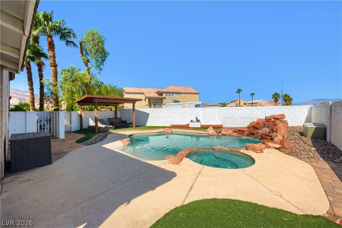 3536 Golden Pedal Street, Las Vegas, NV 89129 A sparkling swimming pool highlights this backyard oasis enclosed by concrete block privacy walls.