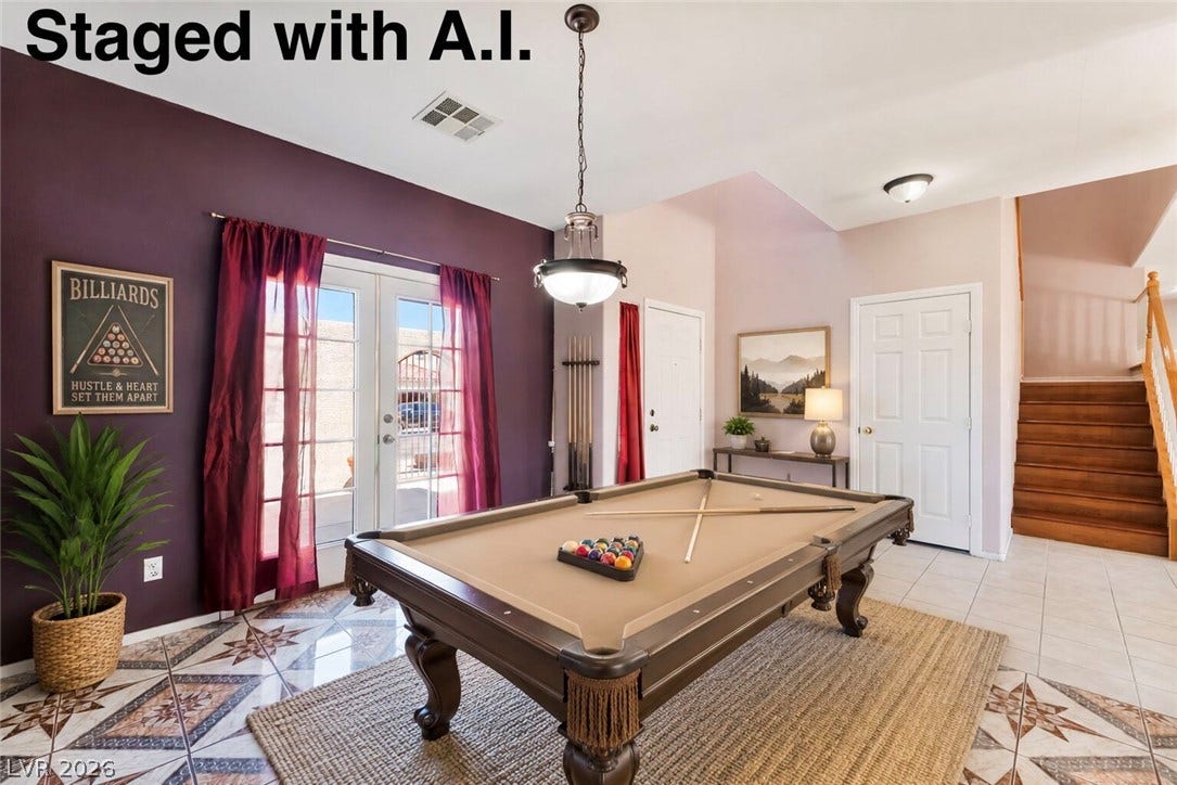 Gleaming tile floors and vaulted ceilings define this welcoming dining area near the staircase. or you can make it into a gaming room. Two different looks staged with A.I.