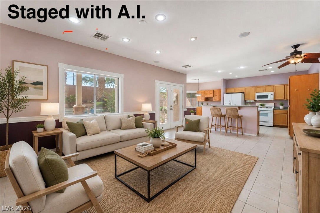 An open floorplan seamlessly connects the comfortable living area directly into the functional kitchen. Staged with A.I.