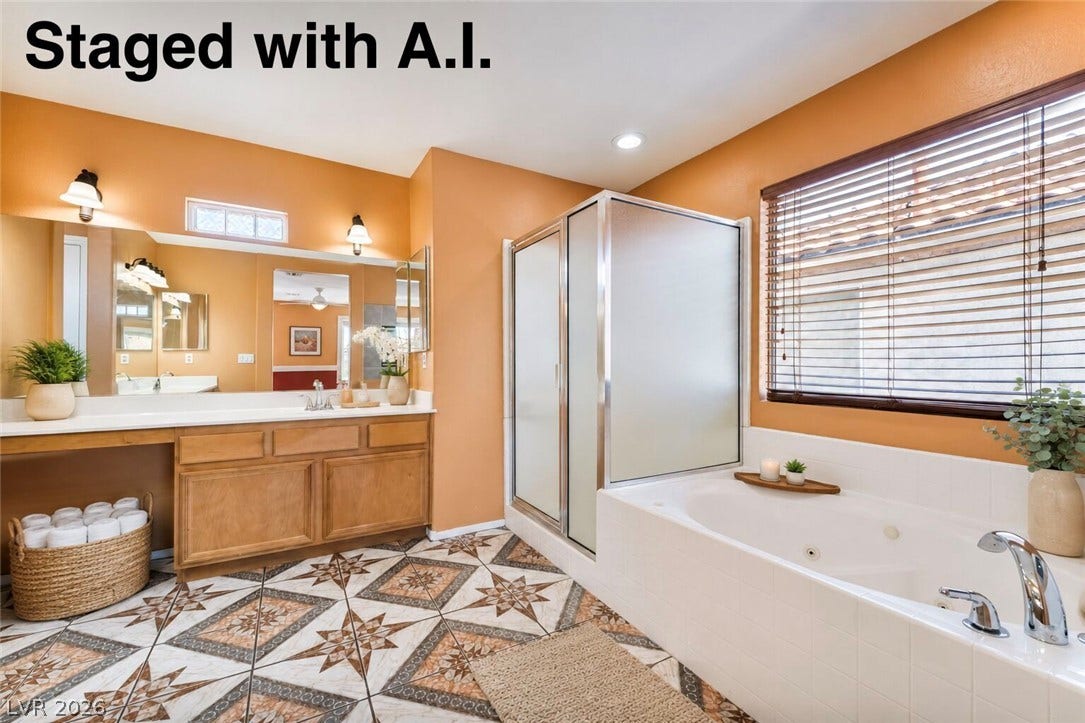 Patterned tile flooring, a soaking tub, and a separate shower complete this bathroom. Staged with A.I.