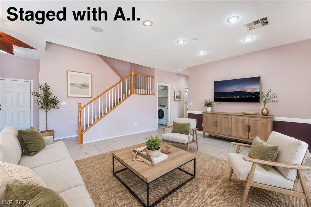 Tiled flooring and a classic wooden staircase define this comfortable main living space. Staged with A.I.