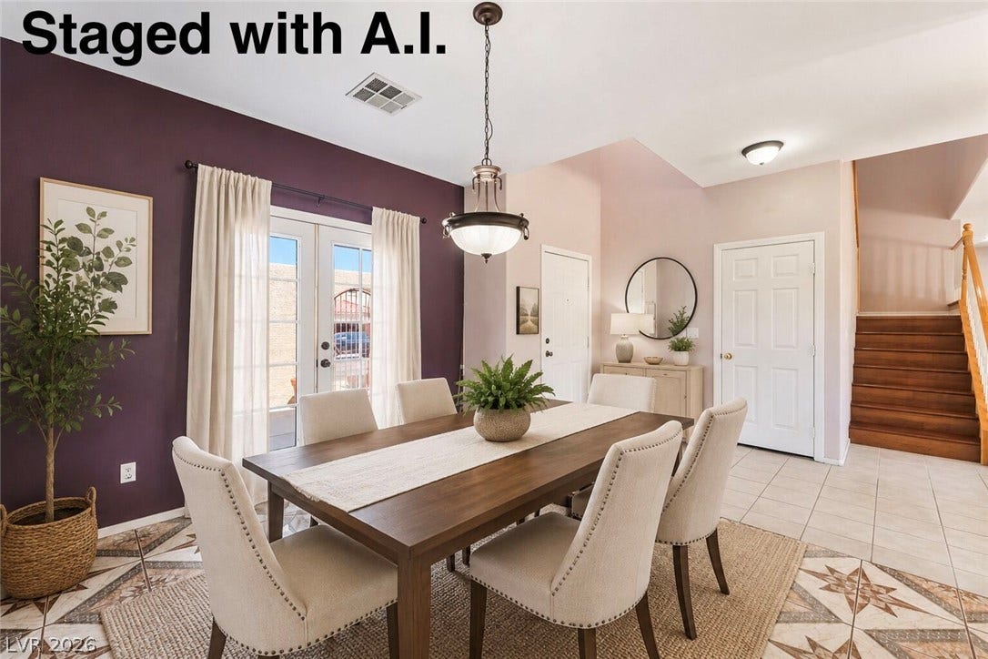 Gleaming tile floors and vaulted ceilings define this welcoming dining area near the staircase.Two different looks staged with A.I.