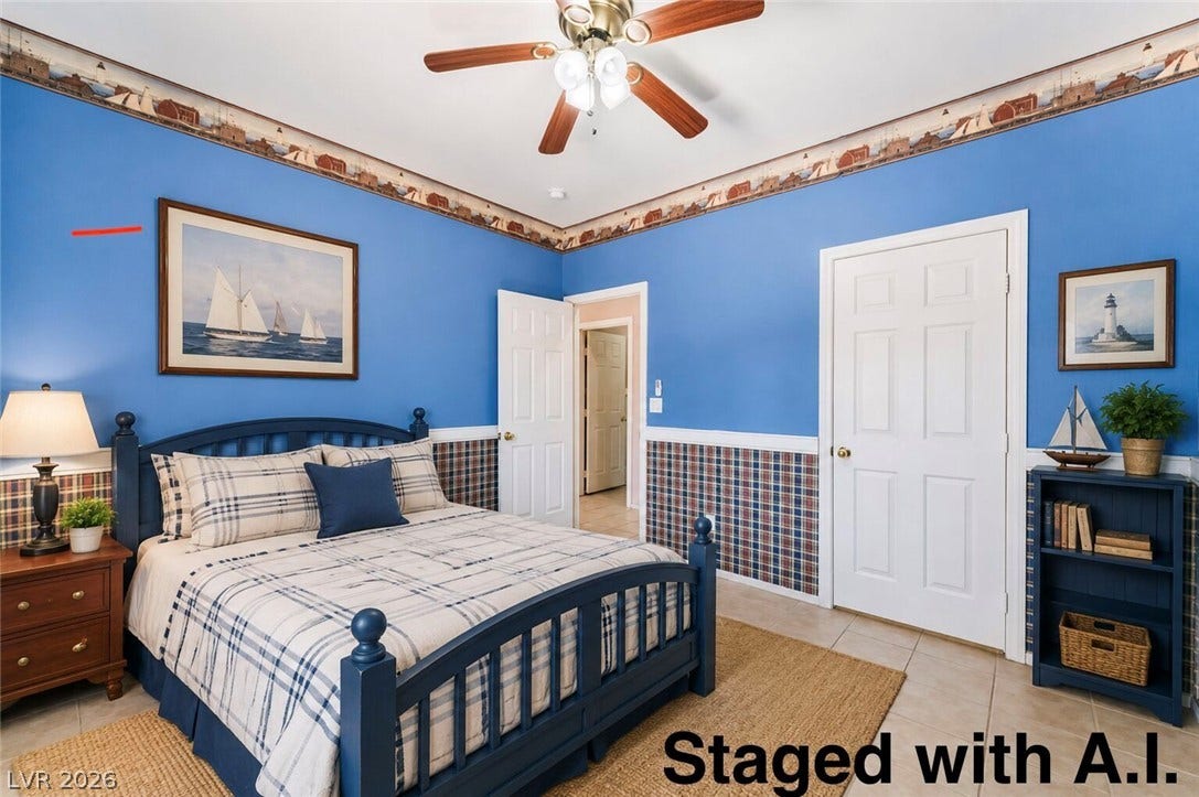 Tiled floors and a classic chair rail detail anchors this comfortable sleeping space. Staged with A.I.