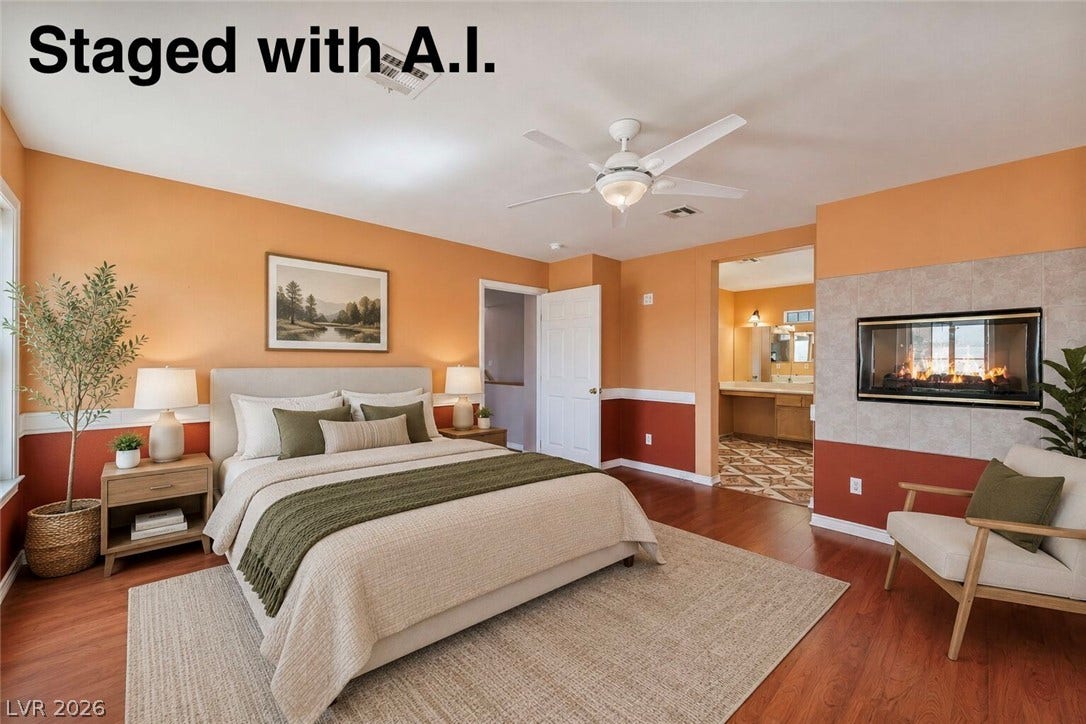 Rich hardwood flooring complements a built-in fireplace and private en suite bathroom access. Staged with A.I.