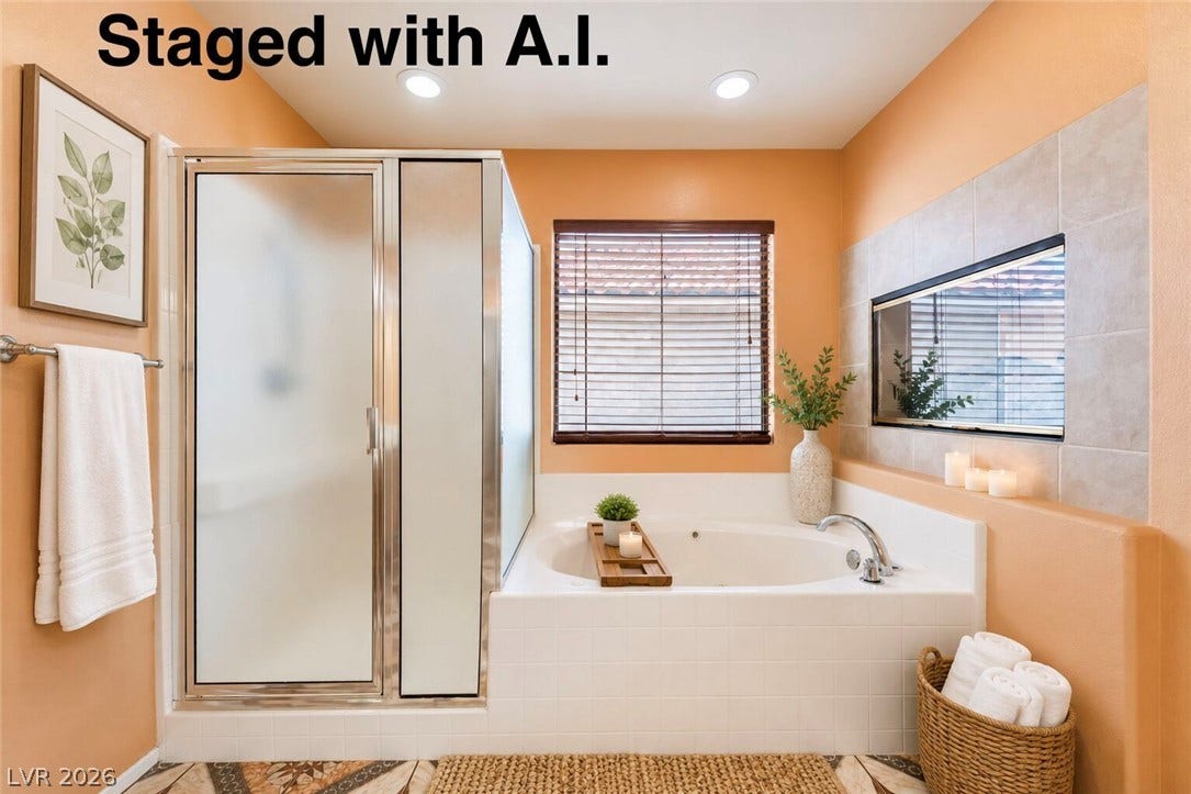 A built-in soaking tub sits beneath a window next to a glass-enclosed shower. Staged with A.I.