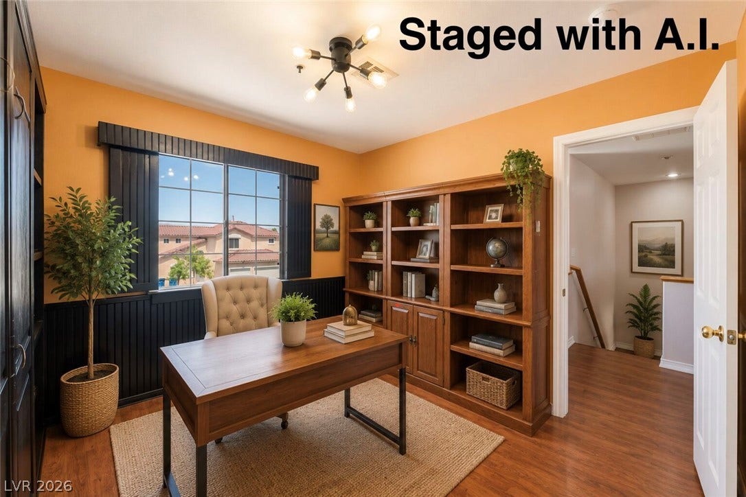 Gleaming hardwood floors and a large multi-pane window define this versatile home workspace. Staged with A.I.