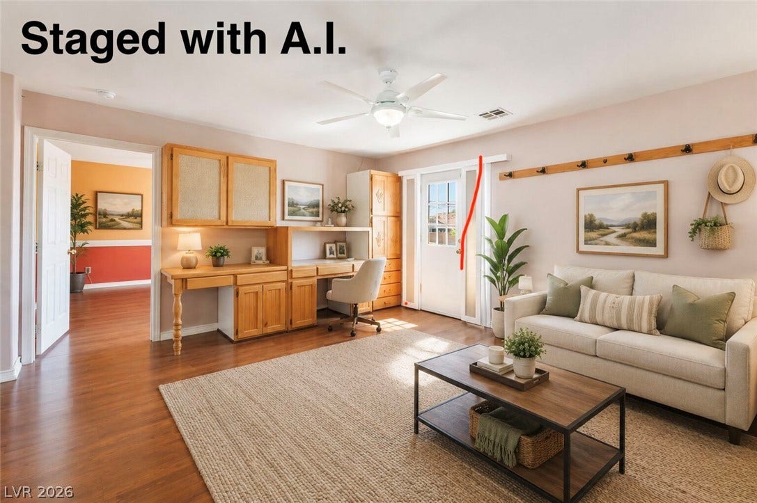Rich hardwood flooring complements custom built-in cabinetry and a private exterior entrance. Staged with A.I.