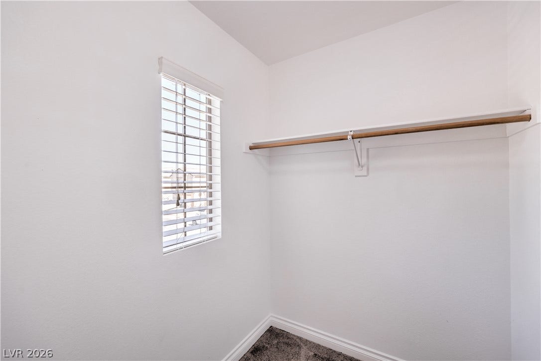 Natural light illuminates this walk-in closet equipped with built-in shelving and carpeting.