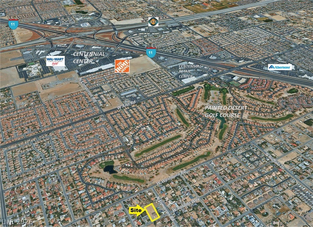 8010 W Rosada Way, Las Vegas, NV 89149 An aerial map highlights the property site and nearby retail centers and golf course.
