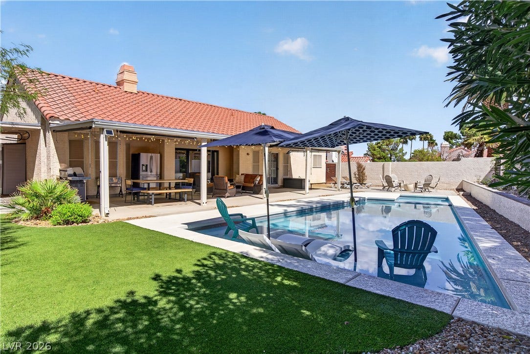 1740 Bluffs Drive, Henderson, NV 89014 An inviting backyard oasis features a shimmering swimming pool alongside a covered concrete patio.