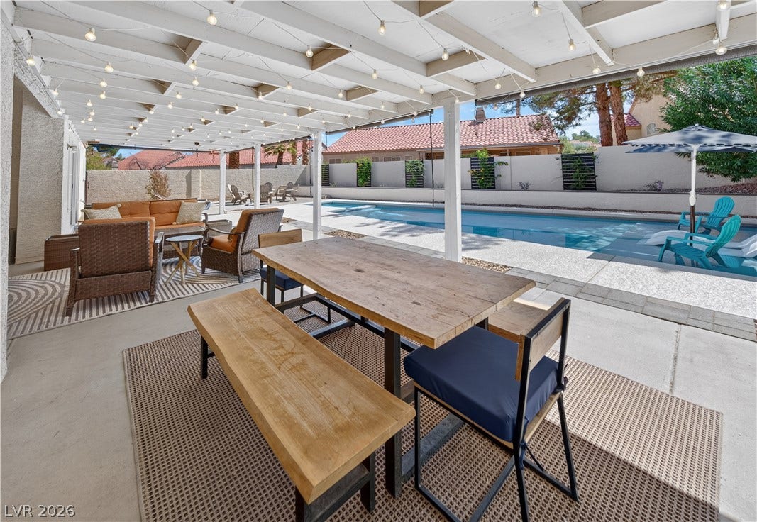 1740 Bluffs Drive, Henderson, NV 89014 A spacious covered patio overlooks a sparkling in-ground pool and sun-drenched backyard retreat.