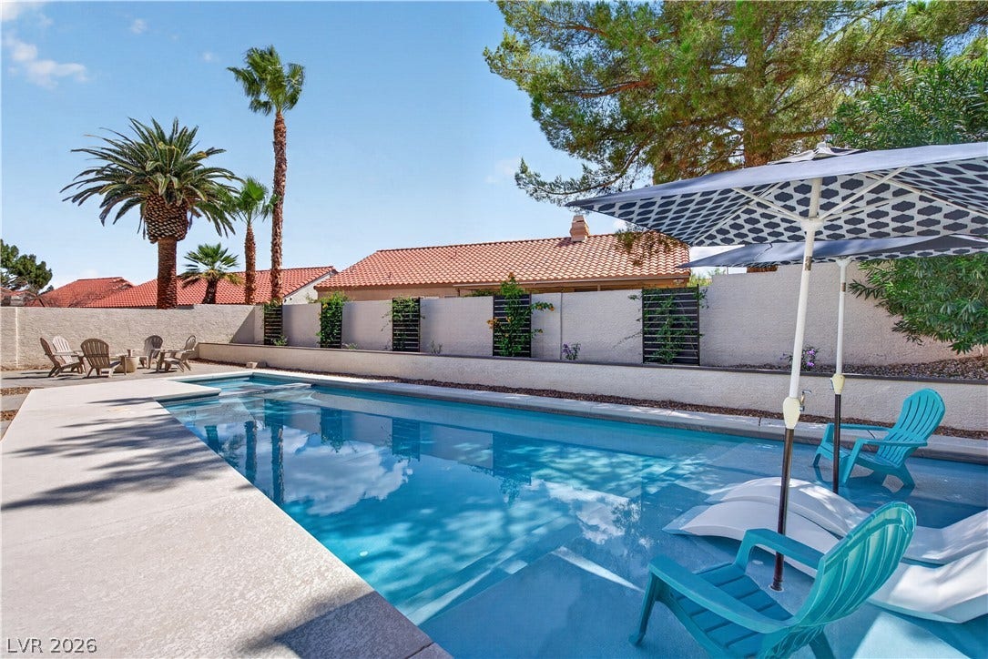 1740 Bluffs Drive, Henderson, NV 89014 An inviting swimming pool anchor the private backyard space framed by mature palm trees.