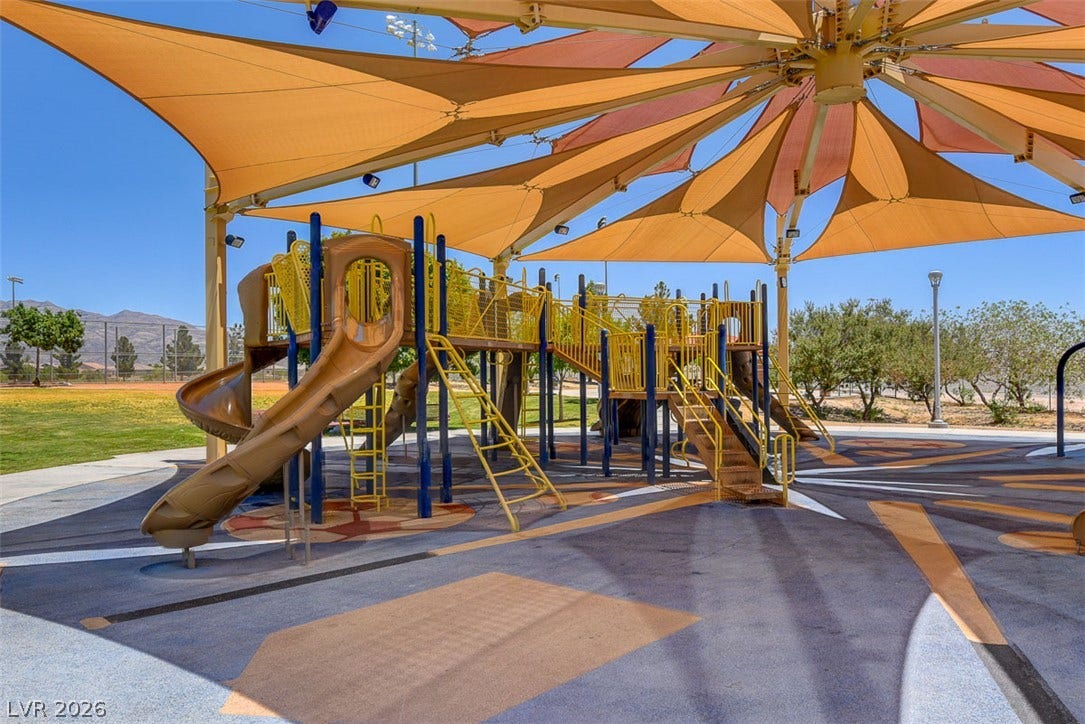 4120 Hawks Glide Avenue, North Las Vegas, NV 89084 Shaded canopies shelter a modern community playground with slides and climbing structures.