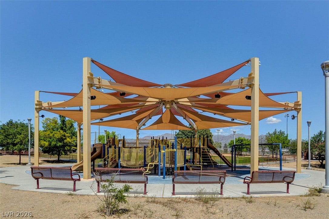 4120 Hawks Glide Avenue, North Las Vegas, NV 89084 A spacious community playground sits under protective shade sails against a clear desert sky.