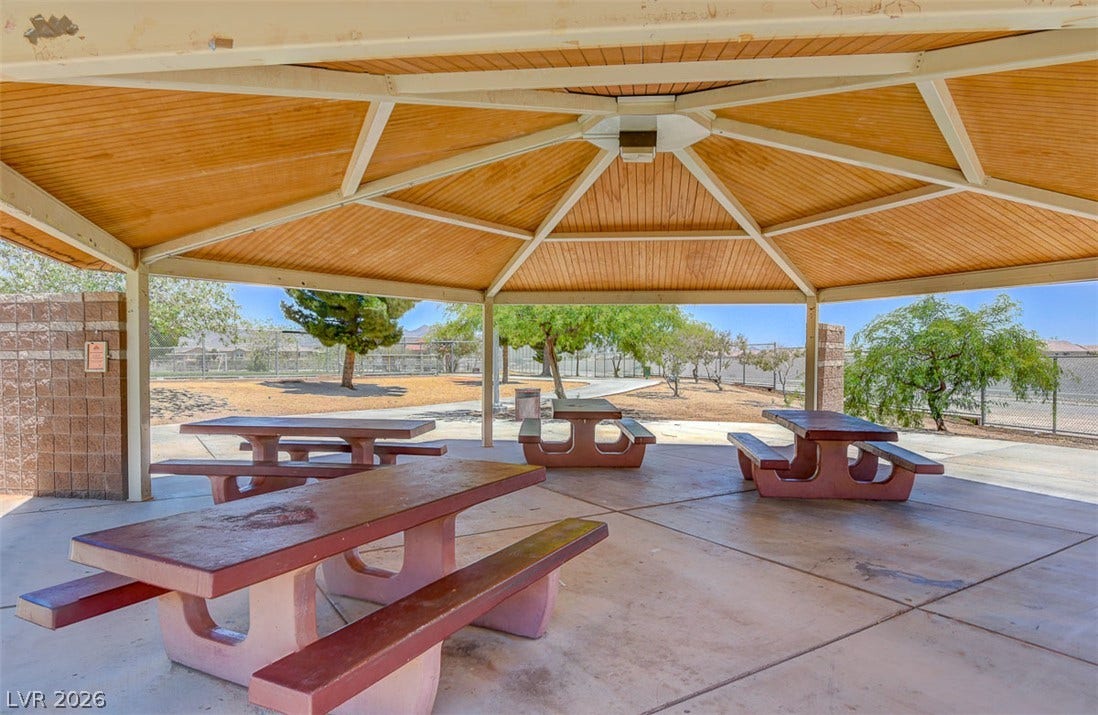 4120 Hawks Glide Avenue, North Las Vegas, NV 89084 Shaded pavilion with a wood-paneled ceiling overlooks the open communal park grounds.