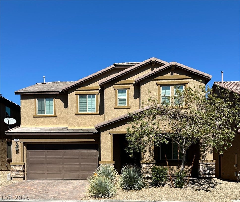 114 Opulent Rose Avenue, Las Vegas, NV 89183 Earthy stucco and stone accents define this handsome multi-level home under clear desert skies.