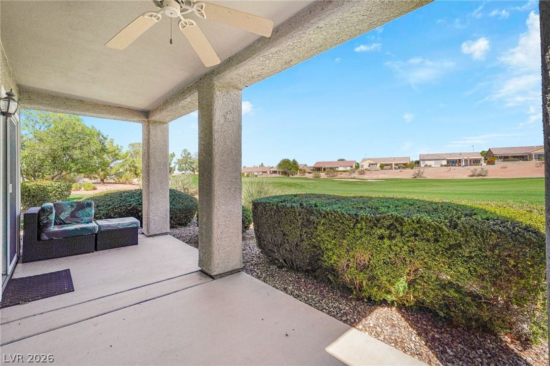 2738 Grand Forks Road, Henderson, NV 89052 A covered back patio looks out across manicured lawns to the nearby golf course.