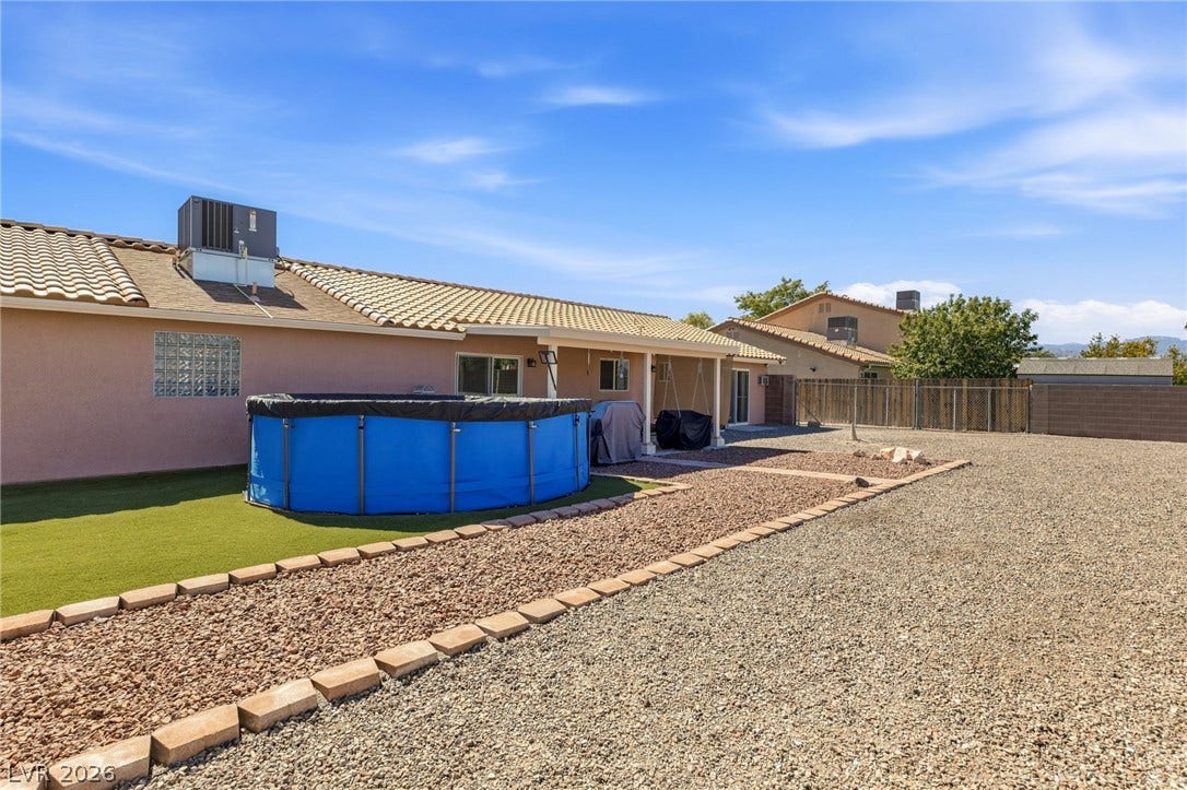 6560 Whispering Sands Drive, Las Vegas, NV 89131 A spacious backyard features low-maintenance gravel landscaping and a covered patio area.