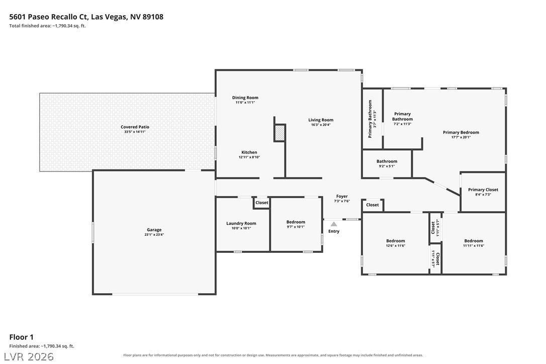 5601 Paseo Recallo Court, Las Vegas, NV 89108 A detailed layout illustrates the functional flow of this single-story residential floor plan.