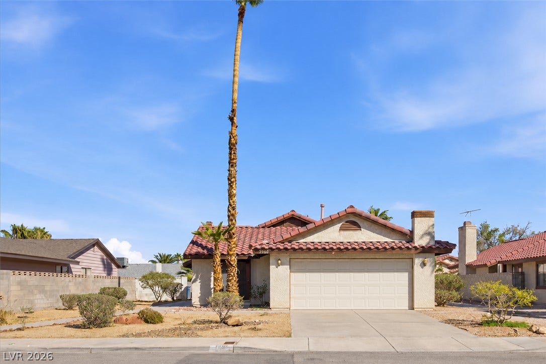 3960 Grapefruit Circle, Las Vegas, NV 89103 A classic stucco exterior featuring a tiled roof and an attached garage.