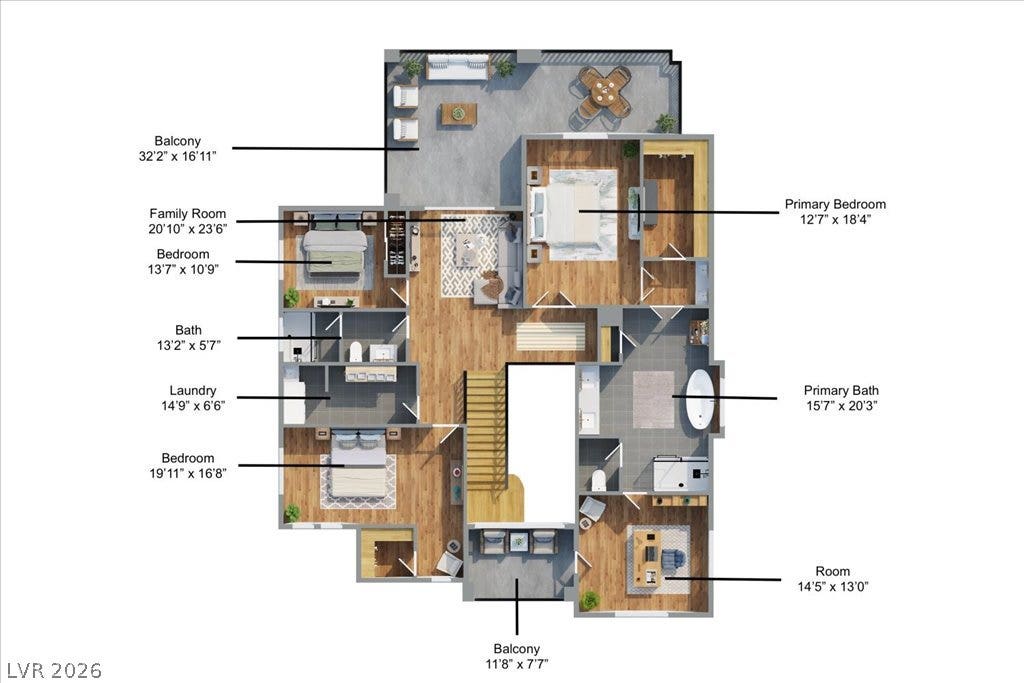 181 Elder View Drive, Las Vegas, NV 89138 Comprehensive floor plan illustrating a functional layout with multiple bedrooms and balconies.