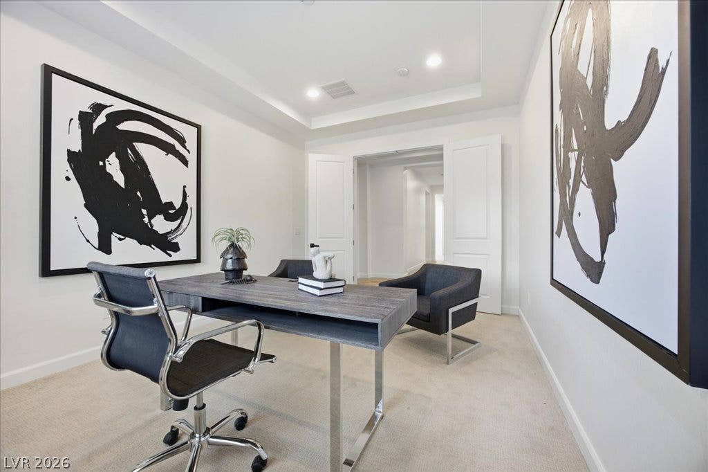 8030 Palm Cove Court, Las Vegas, NV 89129 Double doors open to a quiet workspace featuring recessed lighting and a tray ceiling.