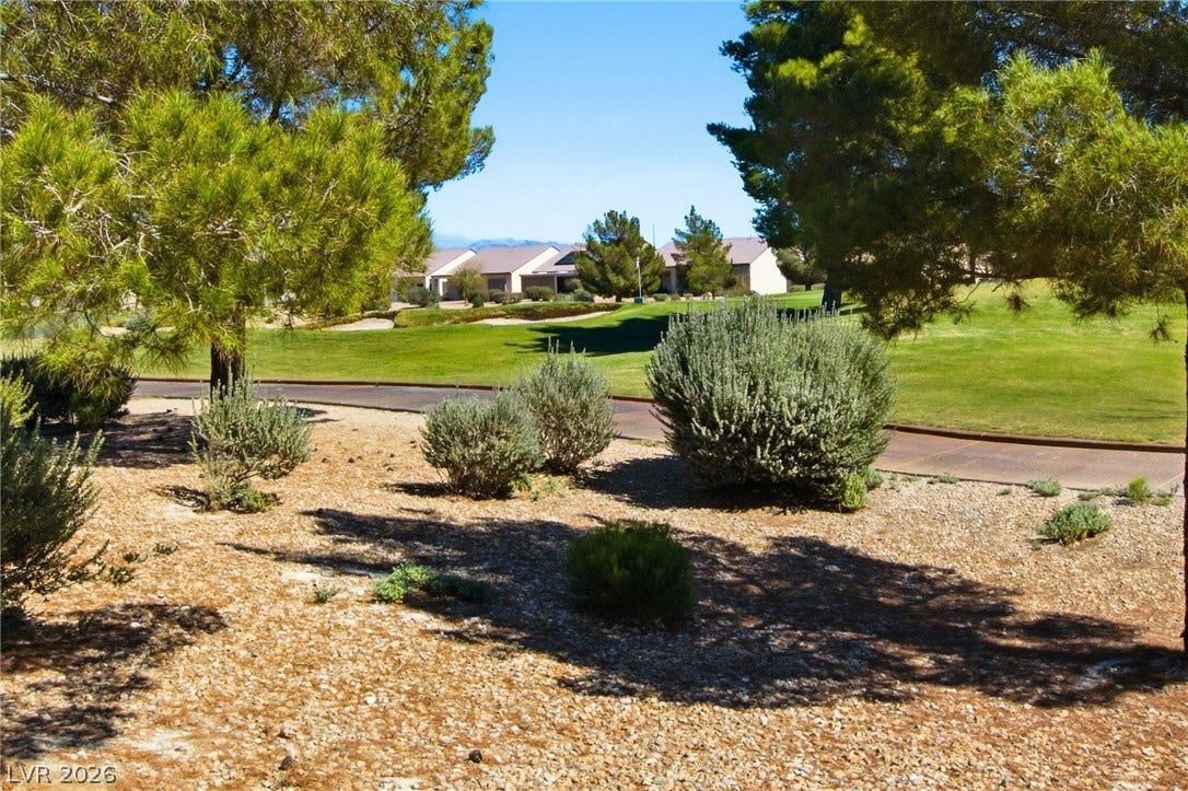 7340 Shelduck Street, North Las Vegas, NV 89084 Golf Course View from patio. Mature trees and low-maintenance desert landscaping overlook a green fairway in this peaceful setting.