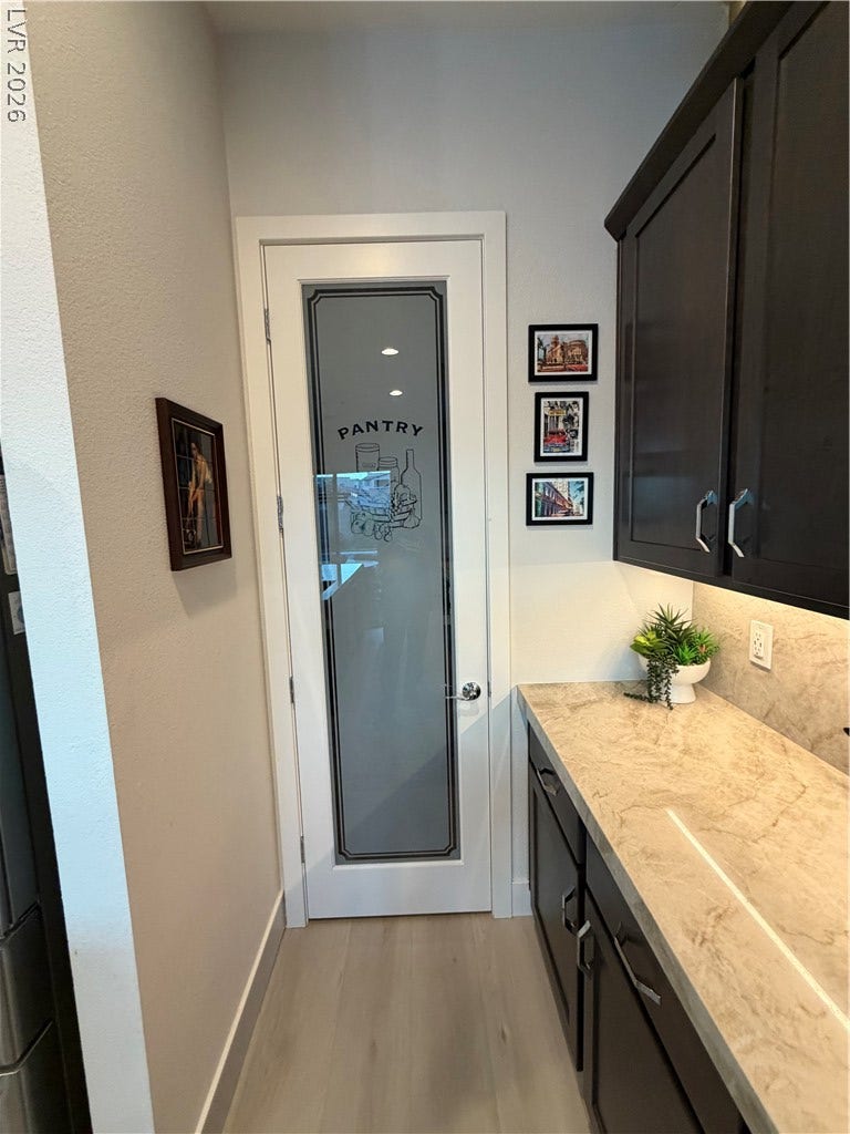11725 Hatchling Avenue, Las Vegas, NV 89138 Rich cabinetry and a custom glass pantry door define this functional kitchen storage area.