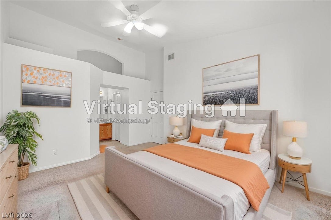 1745 Lily Pond Circle, Henderson, NV 89012 High vaulted ceilings and soft carpeting create a peaceful and airy bedroom retreat.