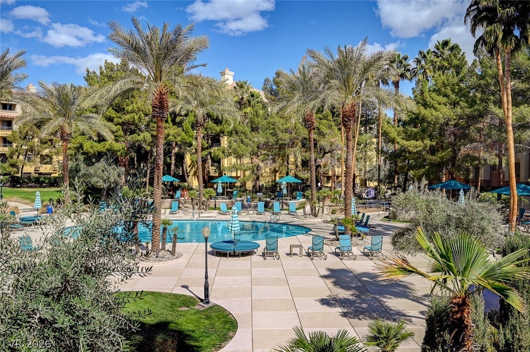 Lush palm trees surround a resort-style swimming pool area featuring paved decking.