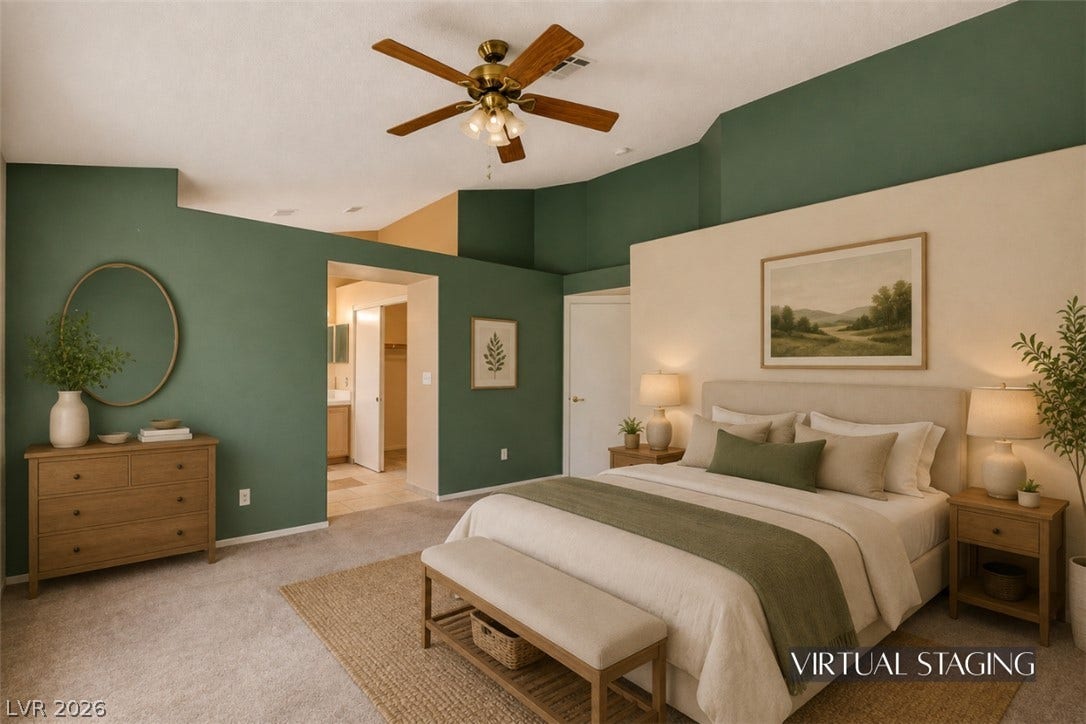 811 Rio Poco Court, Henderson, NV 89015 High vaulted ceilings and soft carpeting define this comfortable, airy sleeping space.
