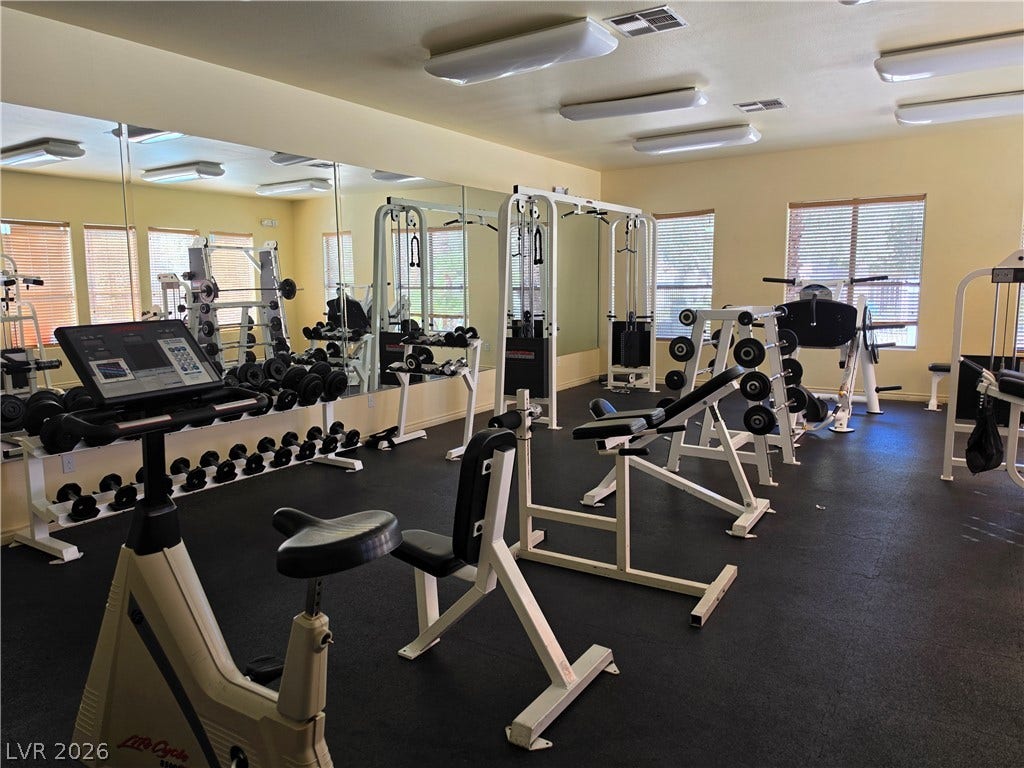 8000 W Badura Avenue, #2111, Las Vegas, NV 89113 Mirrored walls and durable flooring define this fully equipped home fitness center.