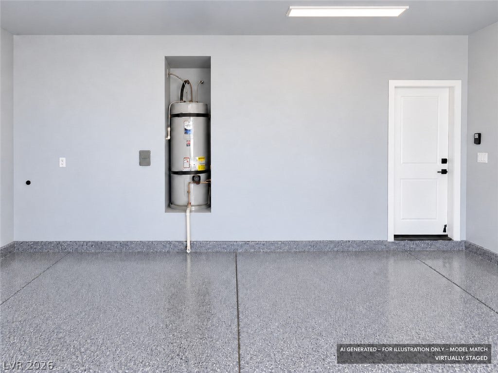 Virtually staged.  An immaculate garage reveals seamless concrete flooring and a clean utility alcove.