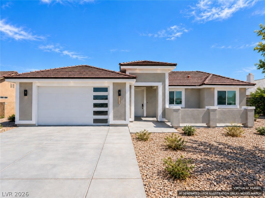 Virtually staged. Clean architectural lines and a low-maintenance desert front yard define this modern exterior design.