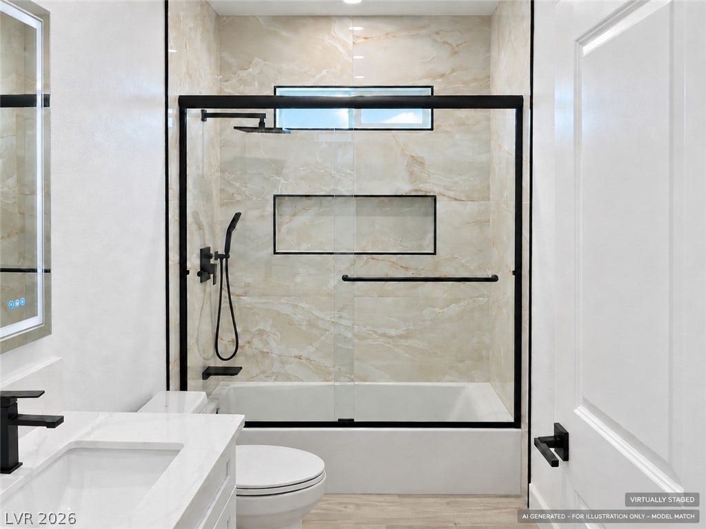 Virtually staged. A glass-enclosed tub shower highlights this modern bathroom with its clean architectural lines.