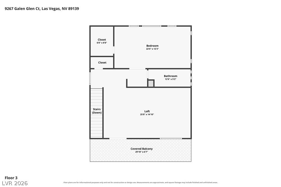 9267 Galen Glen Court, Las Vegas, NV 89139 An organized schematic detailing the layout of the third level, featuring a loft and balcony.