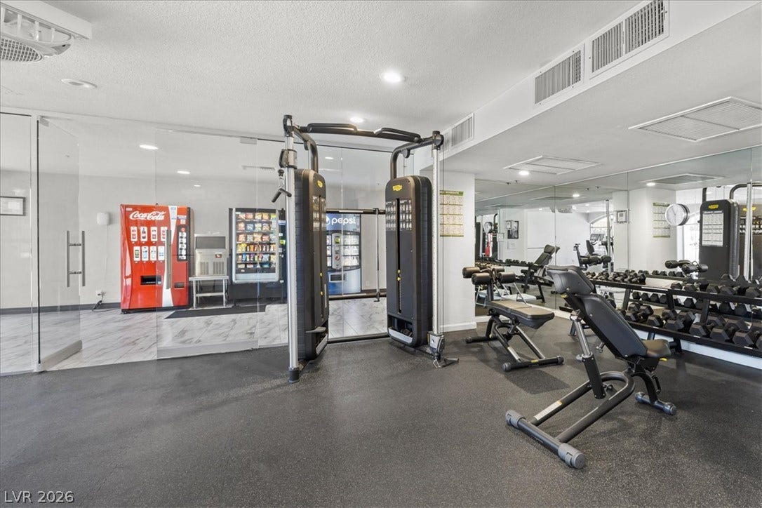 3111 Bel Air Drive, #7D, Las Vegas, NV 89109 A well-equipped fitness center features resilient rubber flooring and expansive wall mirrors.