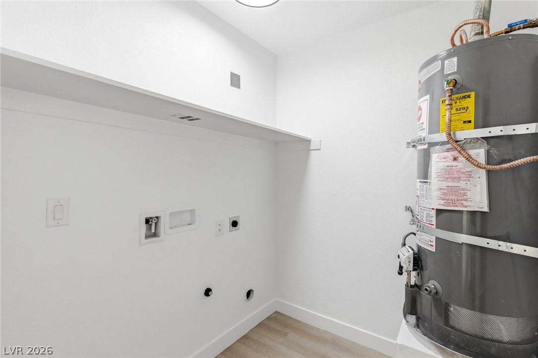 3471 One Nation Avenue, Las Vegas, NV 89121 Functional laundry room includes ample wall shelving and essential utility hookups for appliances.