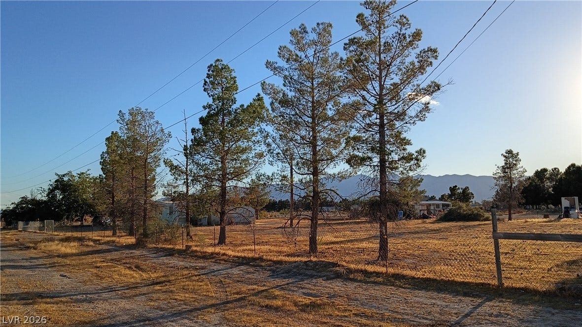 3490 E Savoy Boulevard, Pahrump, NV 89061 Mature trees frame the property line against a backdrop of distant mountain peaks.